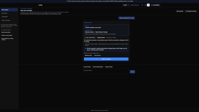 rvaHelp intake UI: chat routing a pothole report to Public Works with high-confidence guidance and in-app Submit a Request