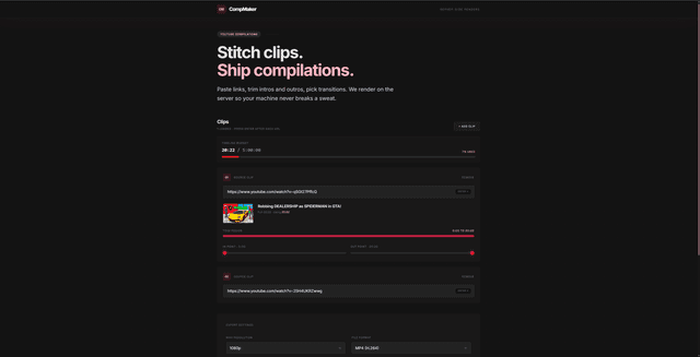 CompMaker web UI: clip list with trim controls, export settings, and server-side render queue